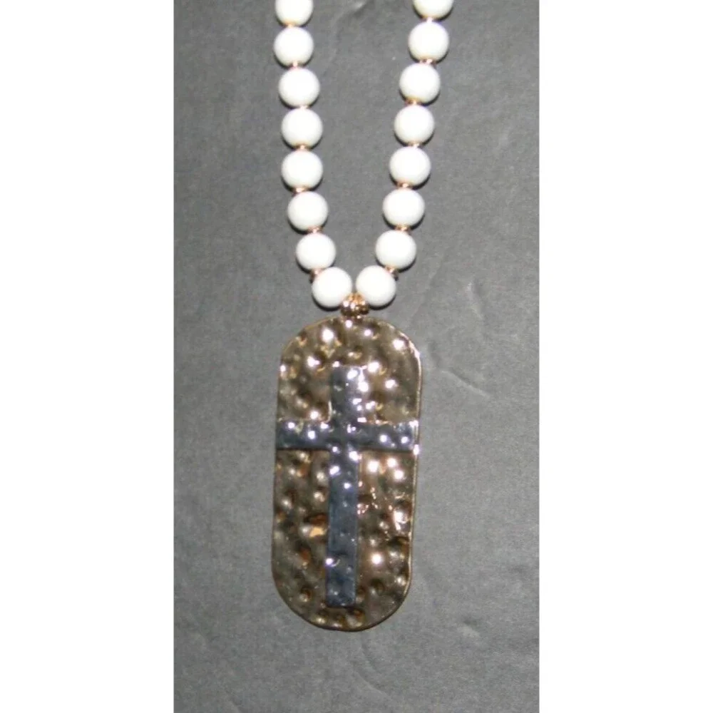 Cross Necklace Contemporary Gold/Silver with White Beads NEW
